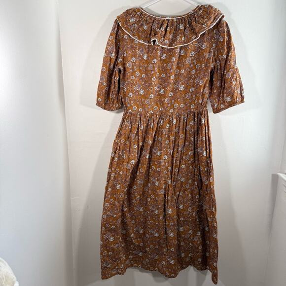 Stockplace The Label Amber Glow Brown Floral Ruffle Puff Sleeve Midi Dress Small - Picture 13 of 15